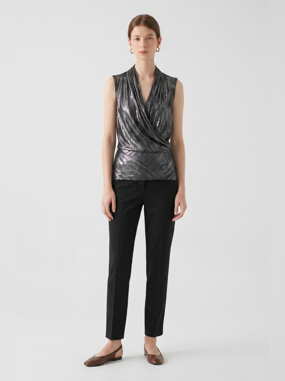 Cache Vintage Quiet Luxury Metallic Sleeveless Wrap Top in Pewter. Whimsygoth M